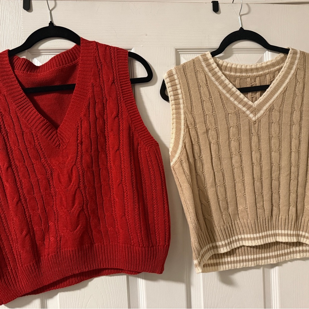 Red Cable Knit V-Neck Sweater Vest - Women